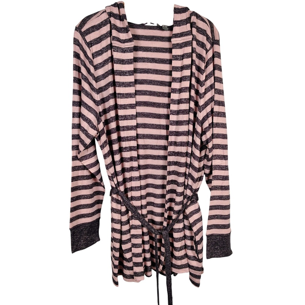 AnyBody Womens 1X Striped Hooded Cardigan Pink Charcoal Rayon Lounge Softcore